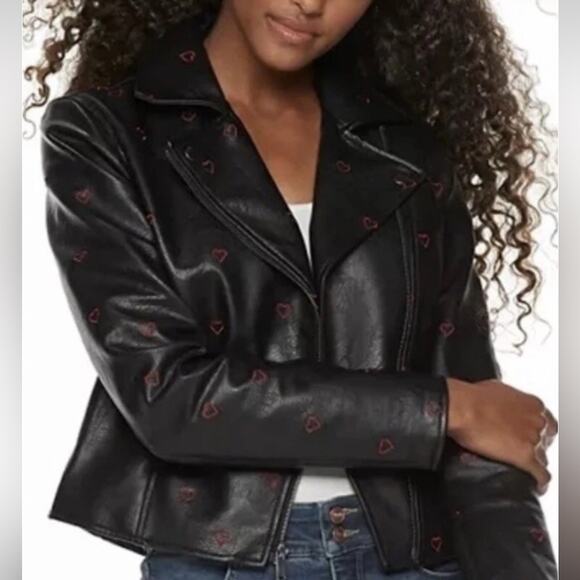 Candie's Black Faux Leather Jacket with Red Embroidered Hearts - Picture 4 of 7